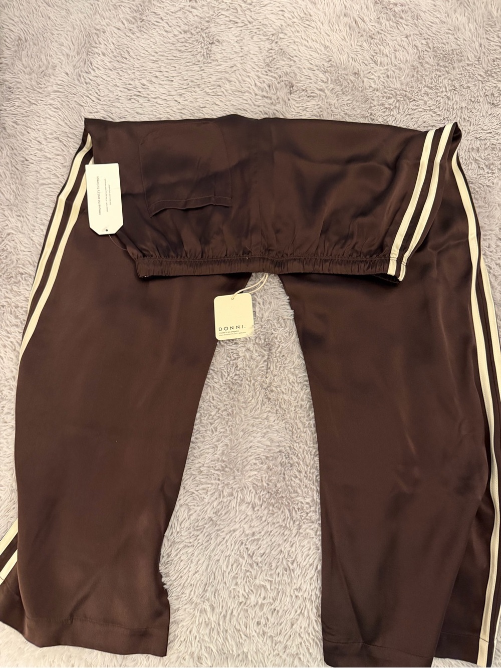 DONNI. Brown Wide-Leg Track Pants with Cream Side Stripes - Picture 2 of 2